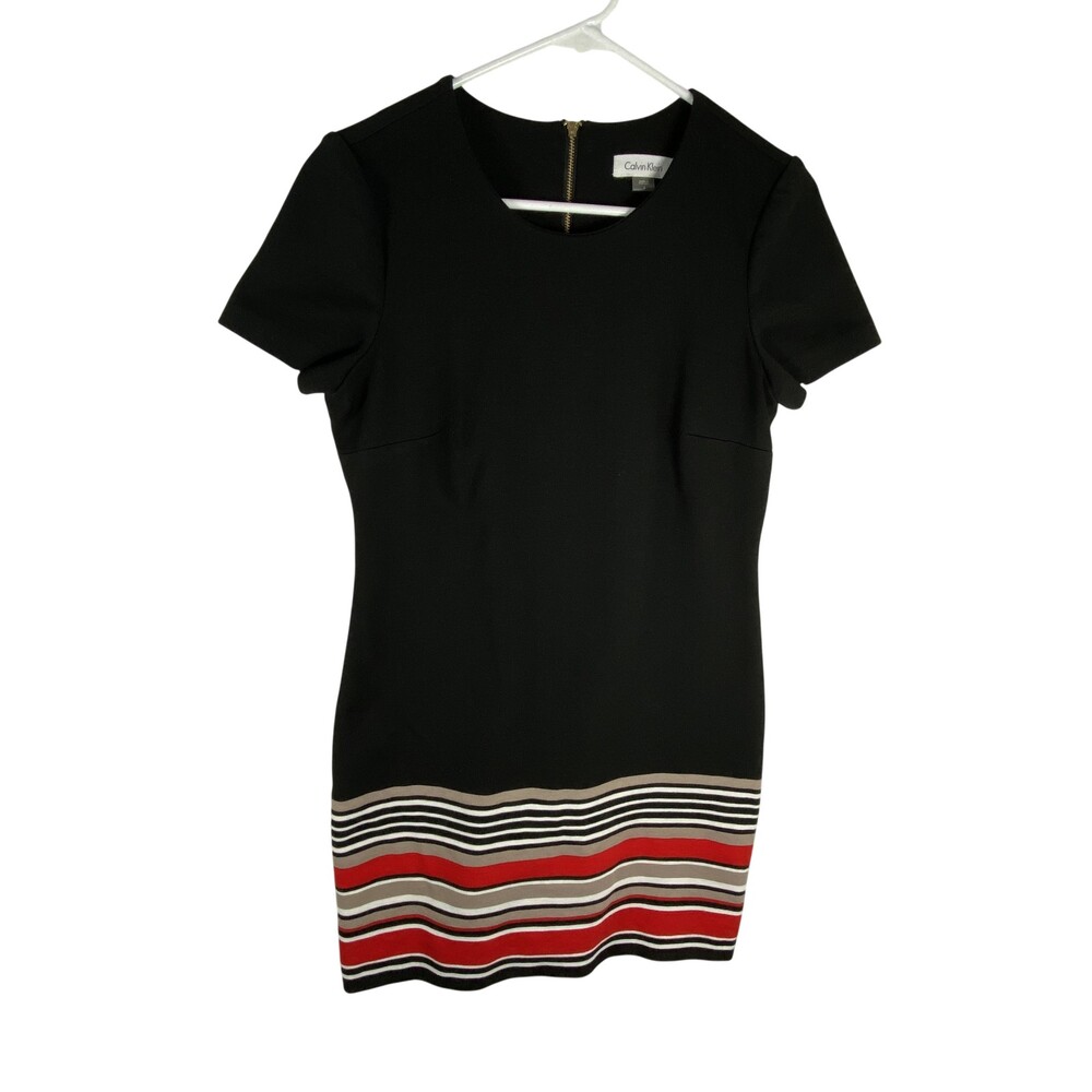 Calvin Klein Dress Womens 6 Black Striped Hem Sheath Short Sleeve Work Office